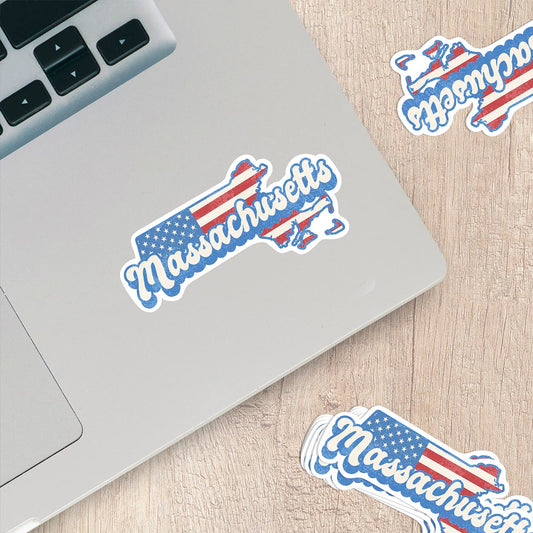 Massachusetts State Sticker with American Flag Background | Weatherproof Vinyl Decal