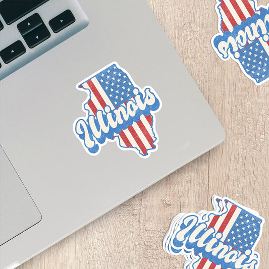 Illinois State Sticker with American Flag Background | Weatherproof Vinyl Decal