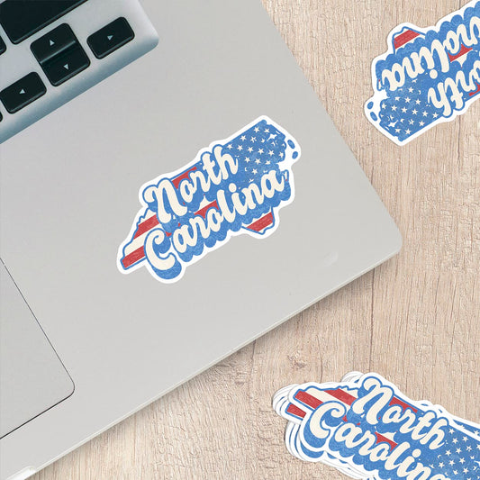 North Carolina State Sticker with American Flag Background | Weatherproof Vinyl Decal