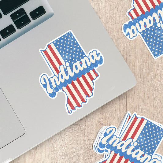 Indiana State Sticker with American Flag Background | Weatherproof Vinyl Decal