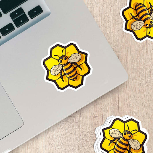 Cartoon Bee in Honeycomb Sticker – Weatherproof Vinyl for Laptops, Cups & Cars
