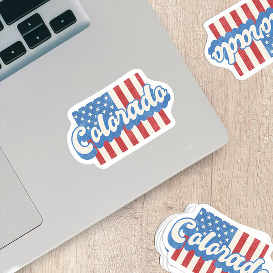 Colorado State Sticker with American Flag Background | Weatherproof Vinyl Decal