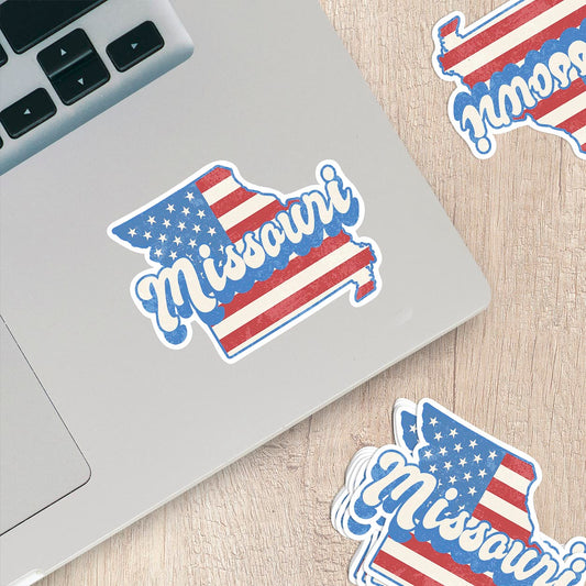 Missouri State Sticker with American Flag Background | Weatherproof Vinyl Decal