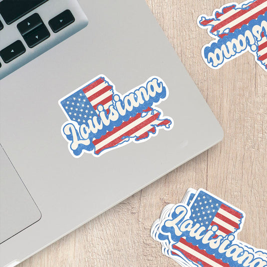Louisiana State Sticker with American Flag Background | Weatherproof Vinyl Decal
