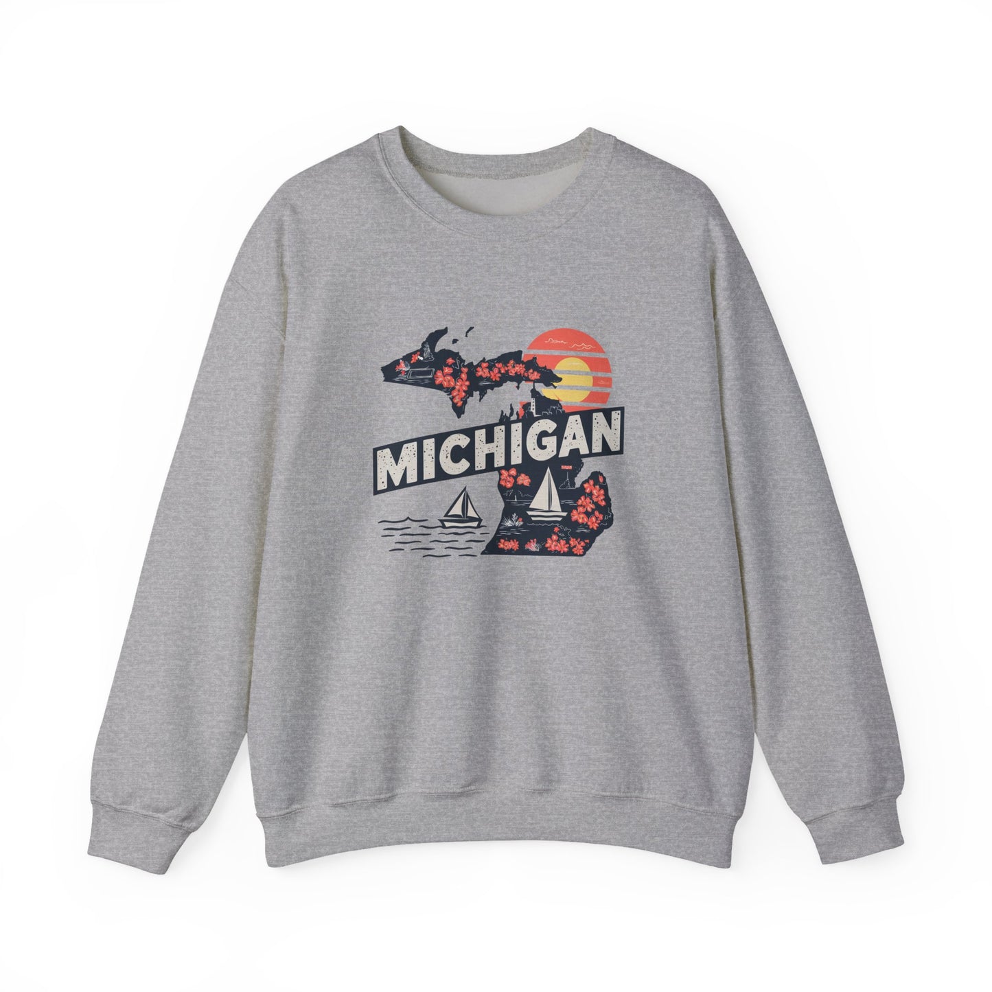 Michigan State Silhouette Sweatshirt | Retro Sunset Sailboat Lakeside