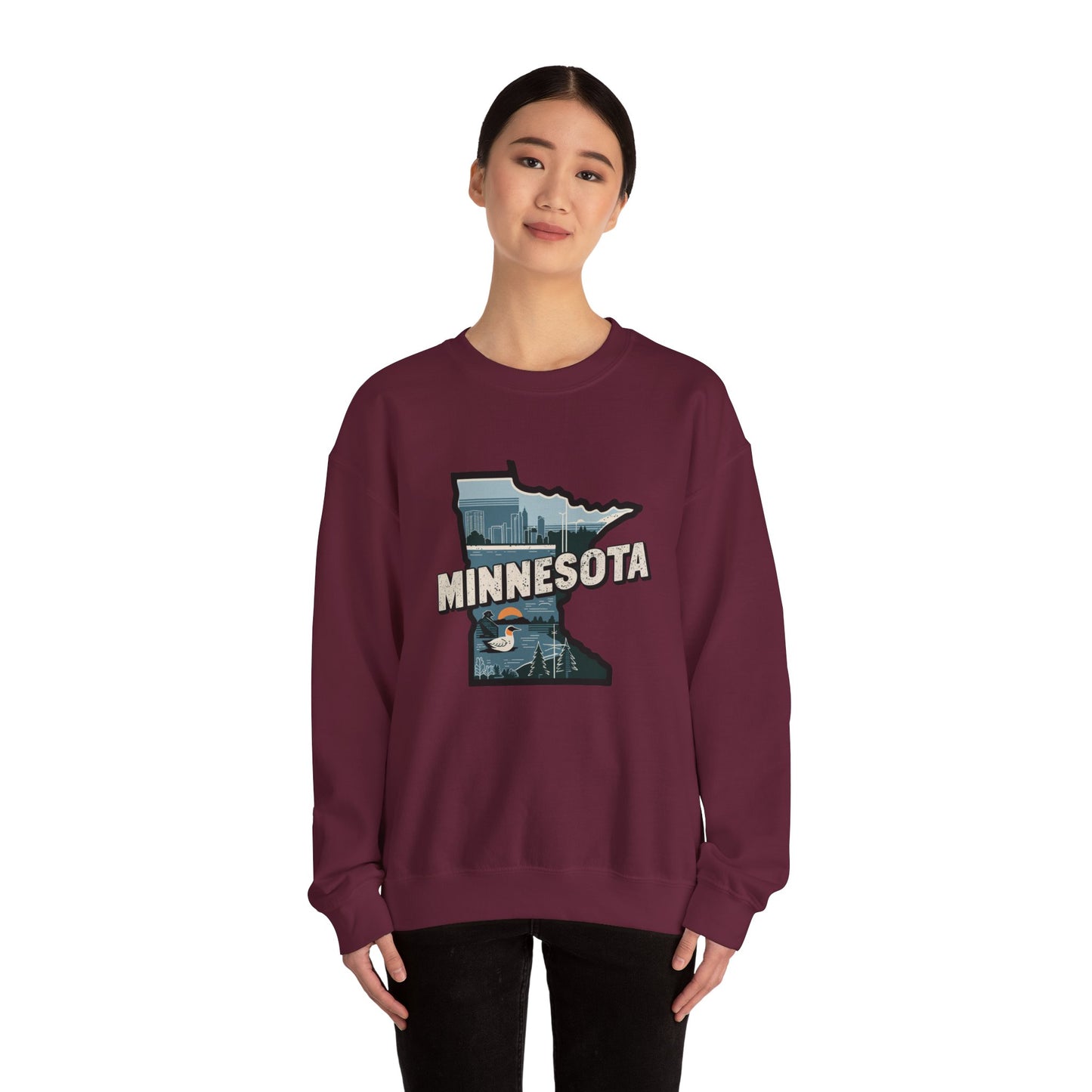 Minnesota state silhouette with skyline and loon Sweatshirt