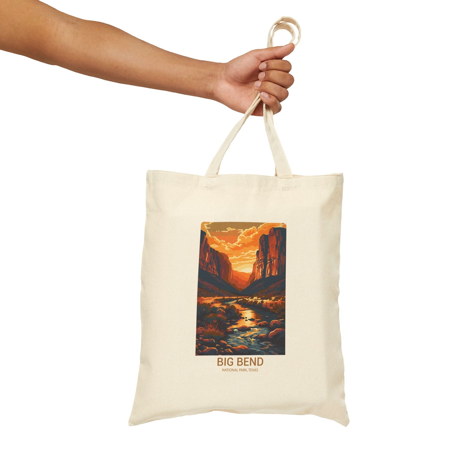 Big Bend National Park Sunset Tote Bag — Retro Desert Landscape Cotton Canvas Tote
