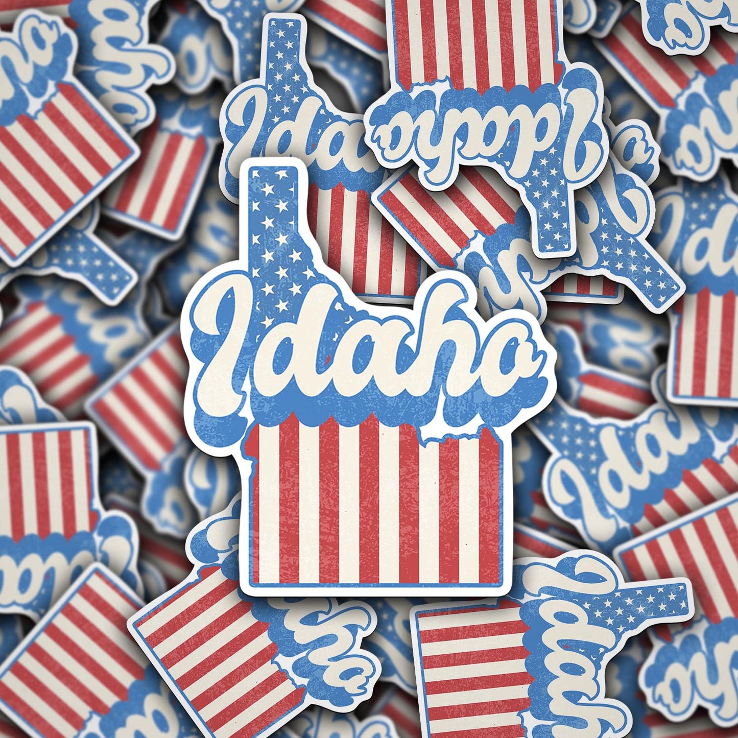 Idaho State Sticker with American Flag Background | Weatherproof Vinyl Decal