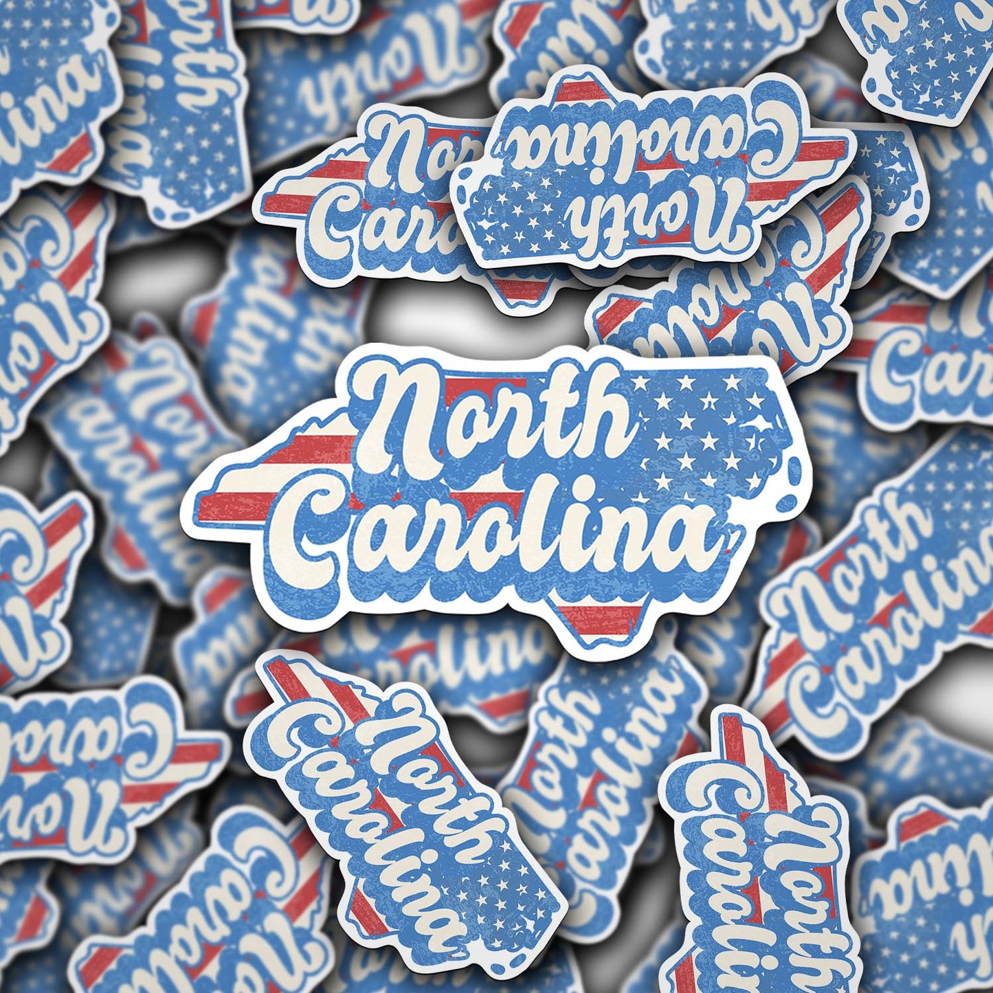 North Carolina State Sticker with American Flag Background | Weatherproof Vinyl Decal