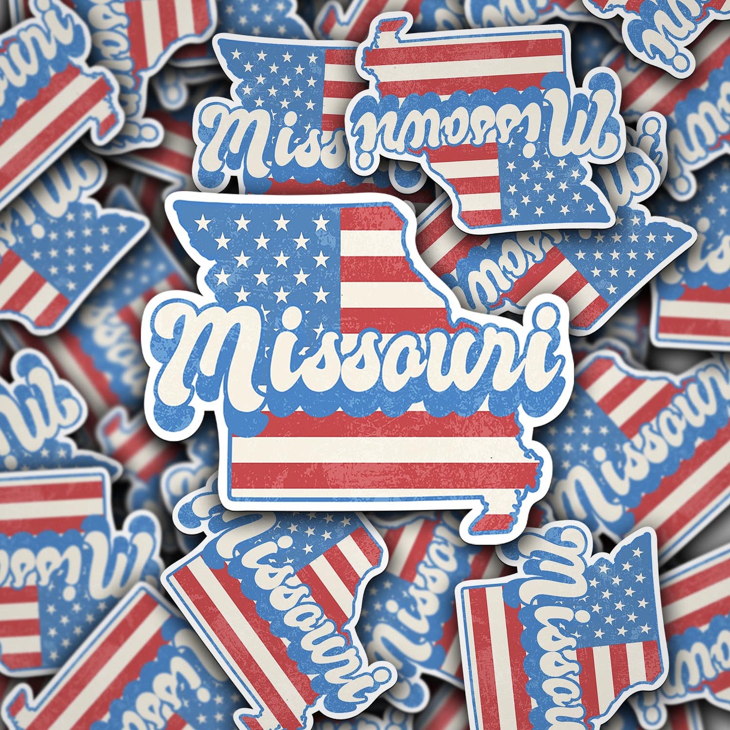Missouri State Sticker with American Flag Background | Weatherproof Vinyl Decal