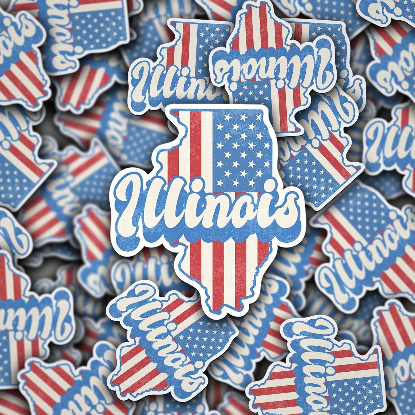 Illinois State Sticker with American Flag Background | Weatherproof Vinyl Decal