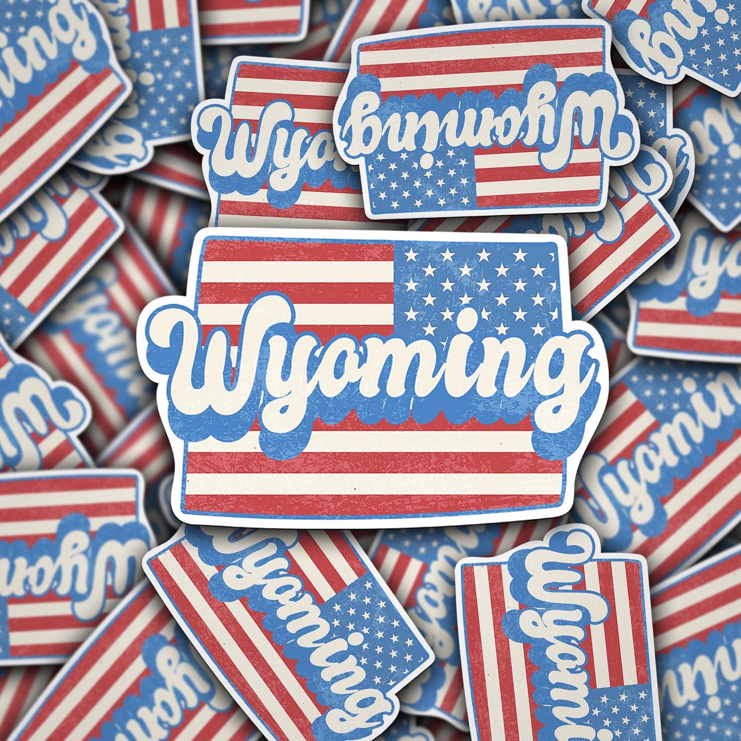 Wyoming State Sticker with American Flag Background | Weatherproof Vinyl Decal