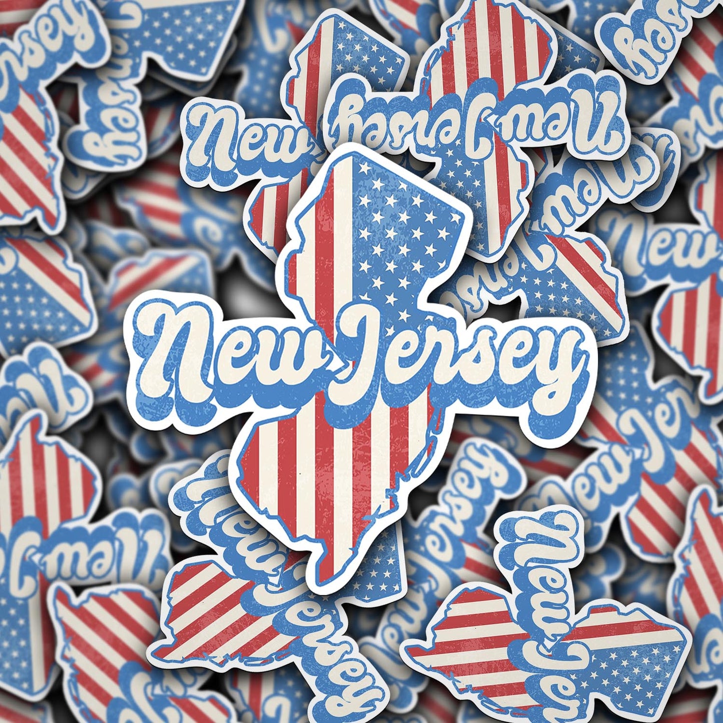 New Jersey State Sticker with American Flag Background | Weatherproof Vinyl Decal
