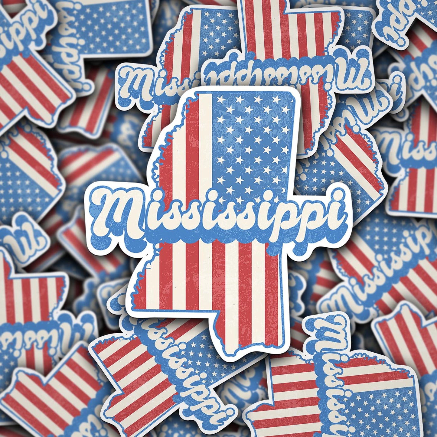 Mississippi State Sticker with American Flag Background | Weatherproof Vinyl Decal