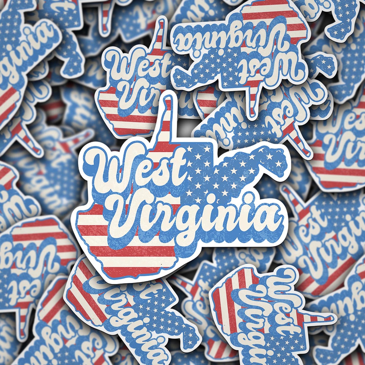 West Virginia State Sticker with American Flag Background | Weatherproof Vinyl Decal