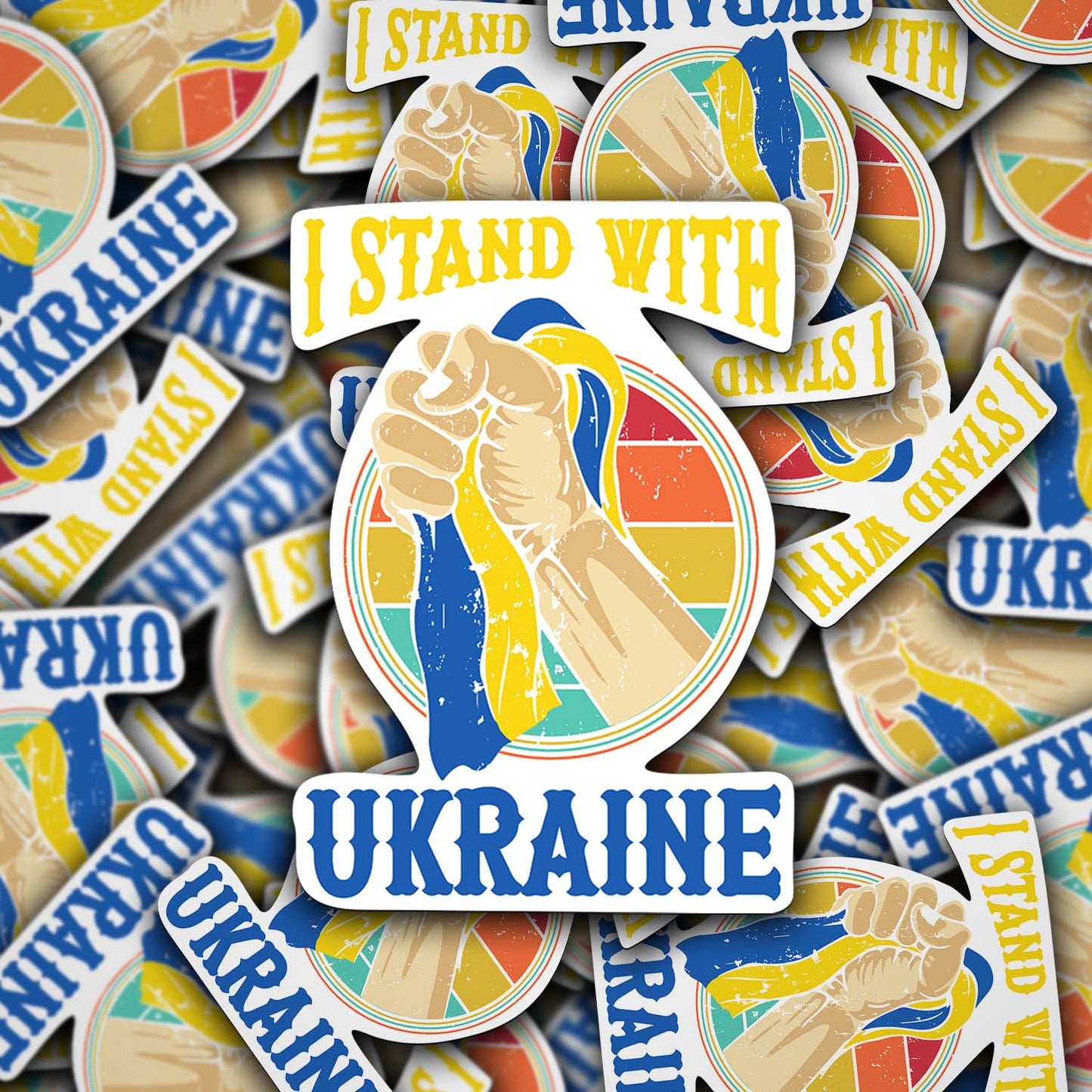 I Stand with Ukraine – Raised Fist Holding Ukrainian Flag Sticker