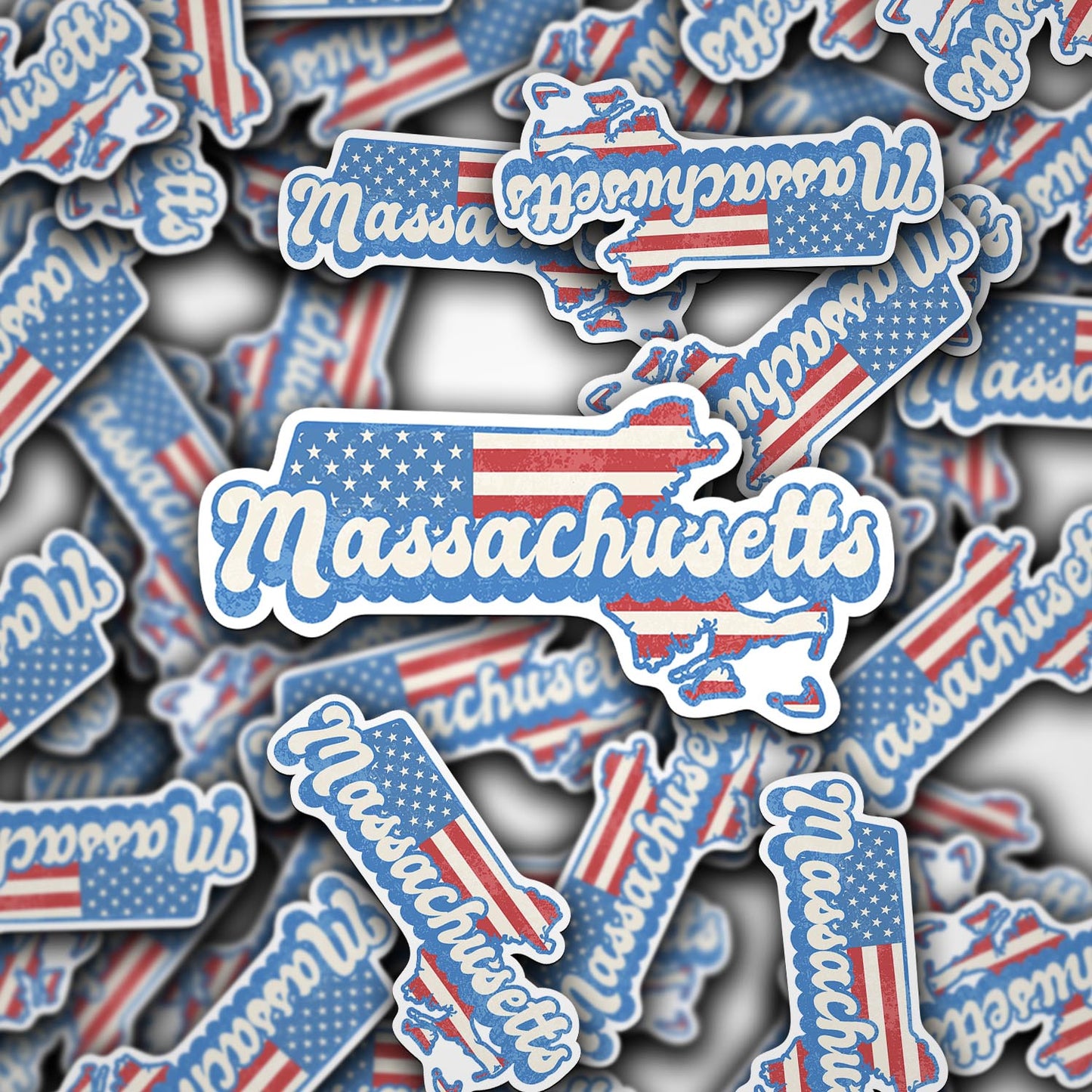 Massachusetts State Sticker with American Flag Background | Weatherproof Vinyl Decal