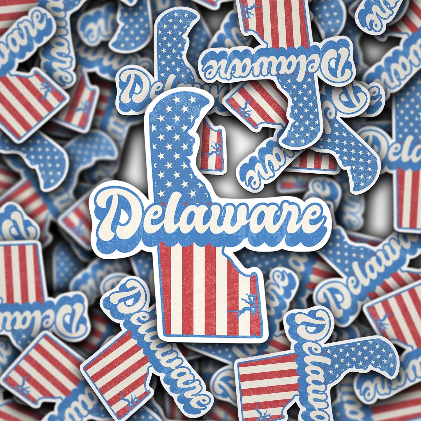 Delaware State Sticker with American Flag Background | Weatherproof Vinyl Decal