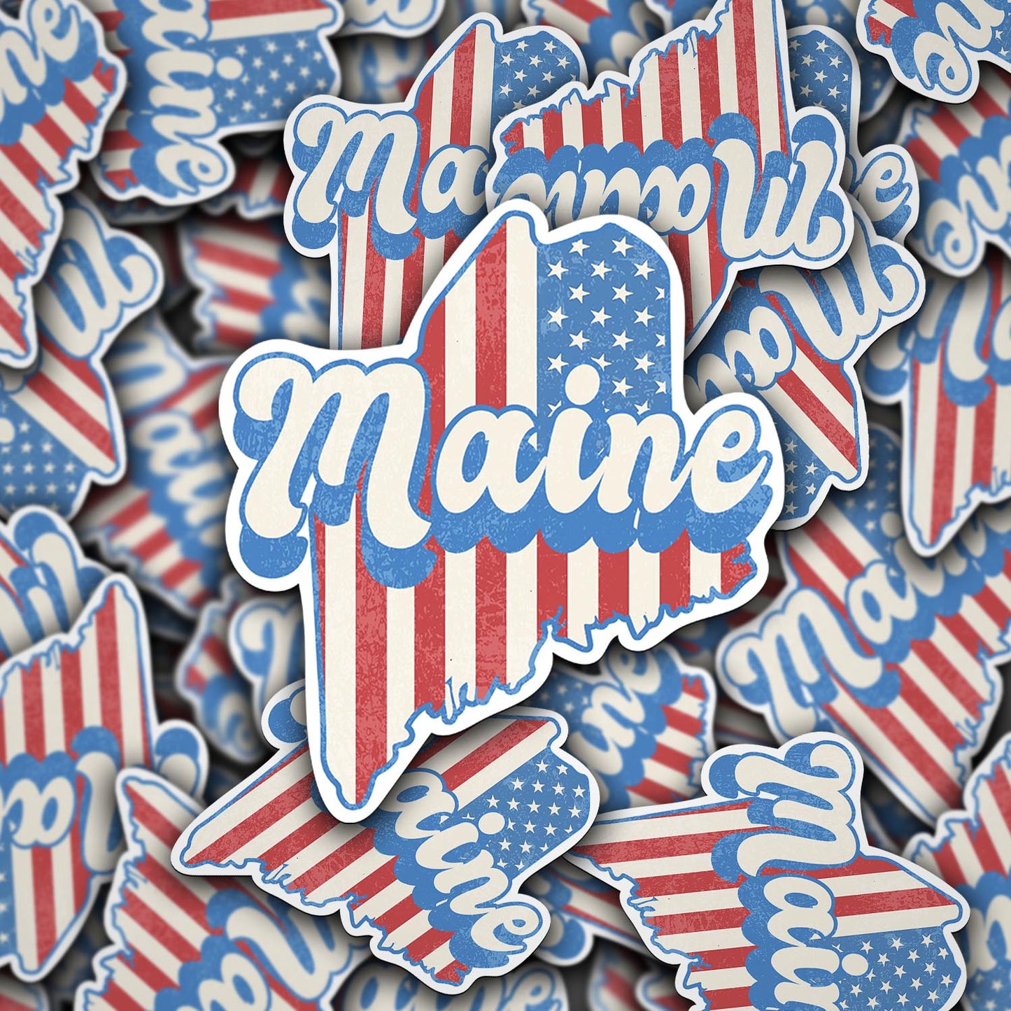 Maine State Sticker with American Flag Background | Weatherproof Vinyl Decal
