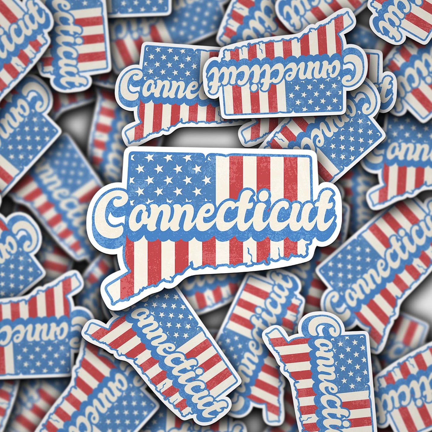 Connecticut State Sticker with American Flag Background | Weatherproof Vinyl Decal