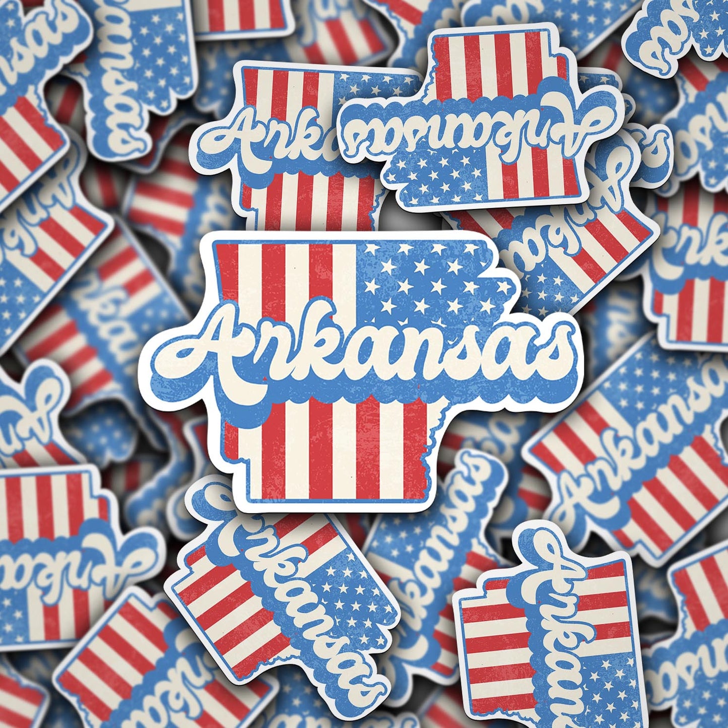 Arkansas State Sticker with American Flag Background | Weatherproof Vinyl Decal