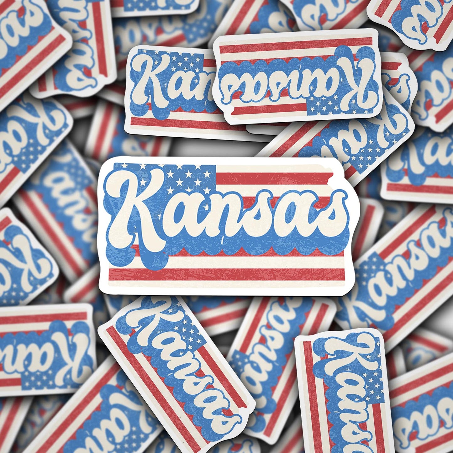 Kansas State Sticker with American Flag Background | Weatherproof Vinyl Decal