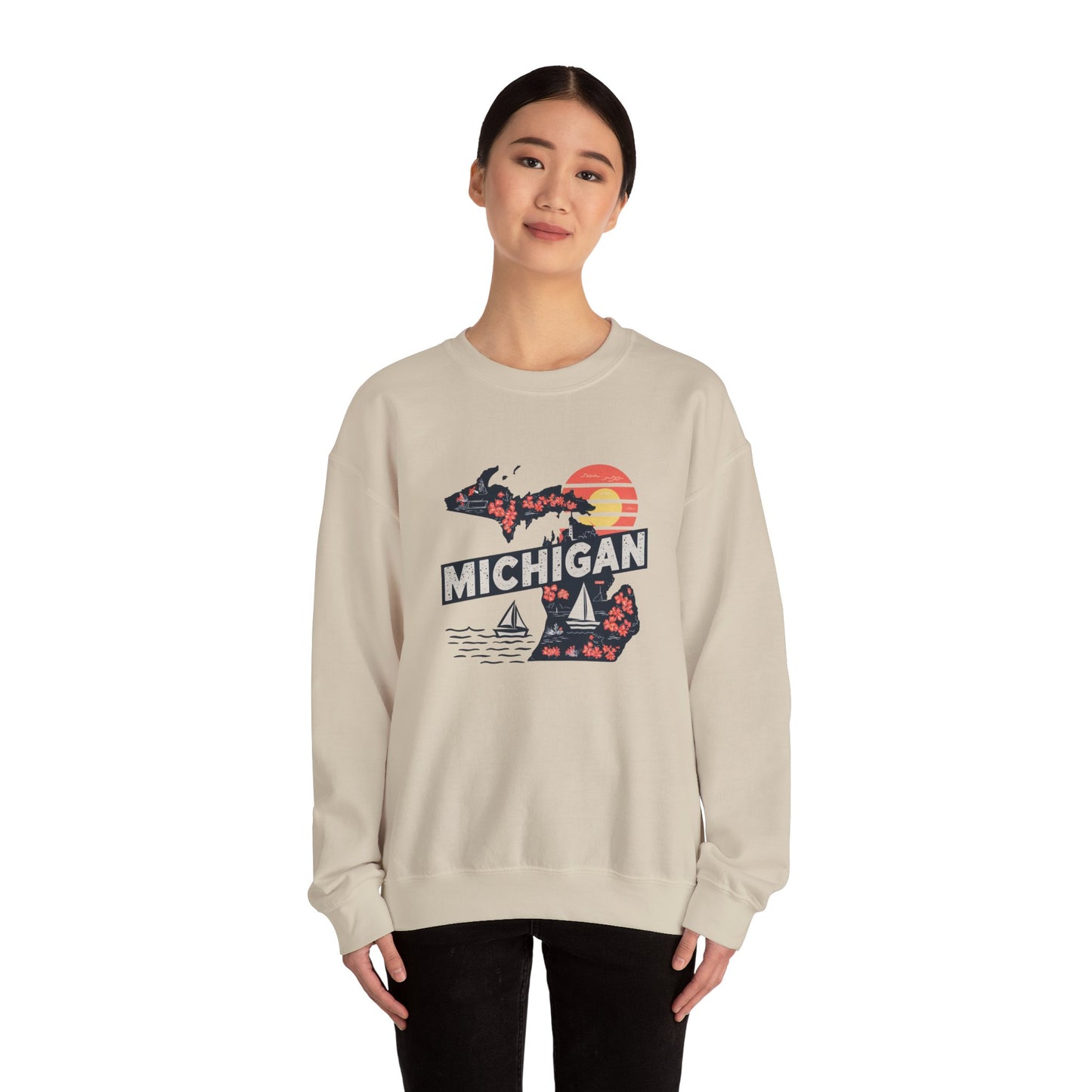 Michigan State Silhouette Sweatshirt | Retro Sunset Sailboat Lakeside