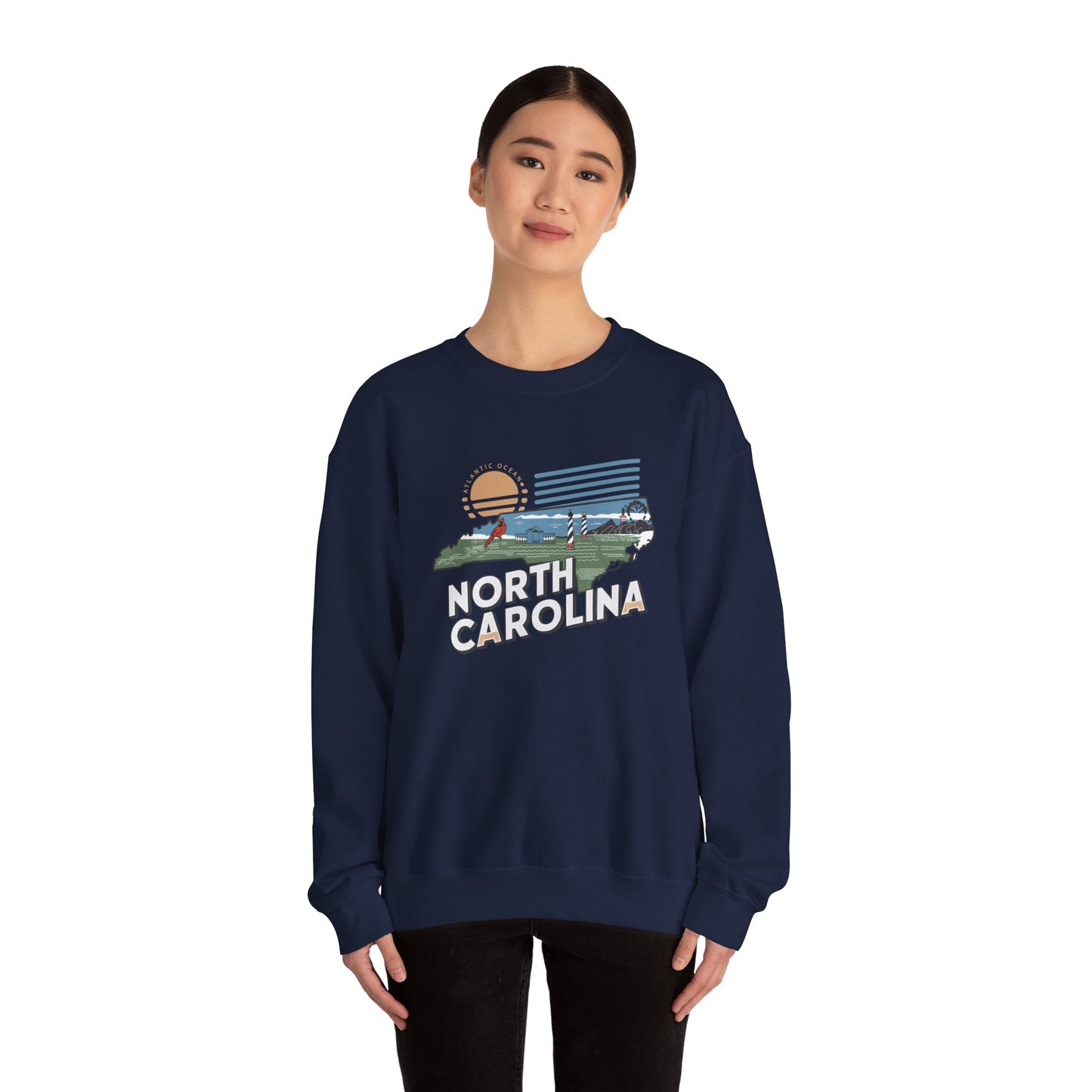 North Carolina state map sunset illustration Sweatshirt | Coastal mountains retro design