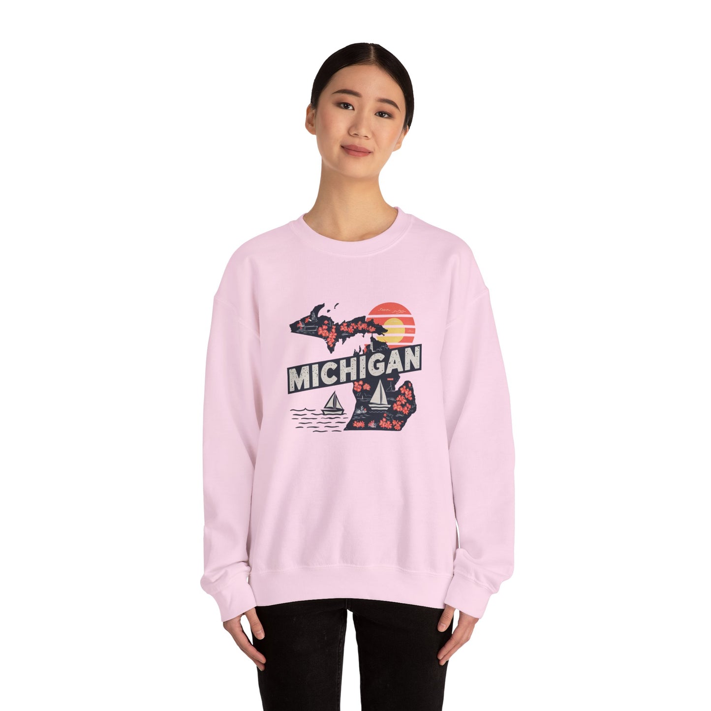 Michigan State Silhouette Sweatshirt | Retro Sunset Sailboat Lakeside