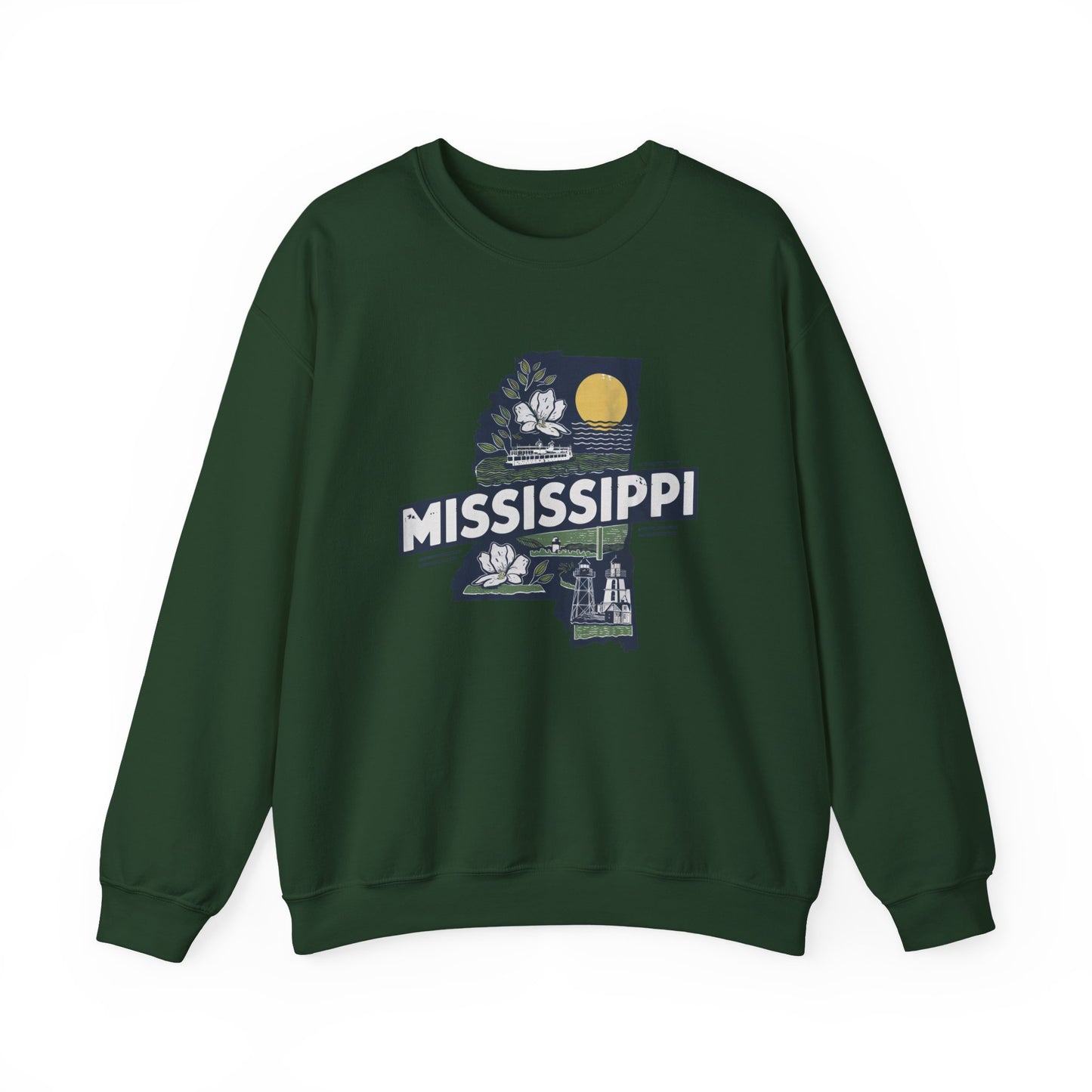 Mississippi State Map with Magnolia and Lighthouse Sweatshirt