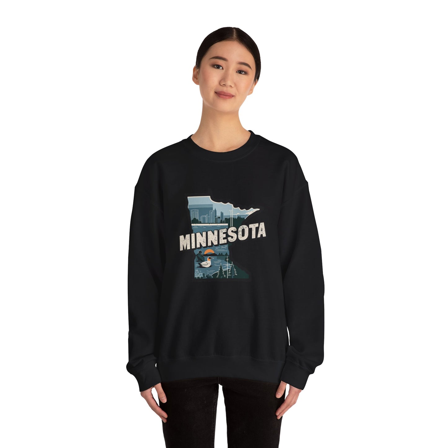 Minnesota state silhouette with skyline and loon Sweatshirt