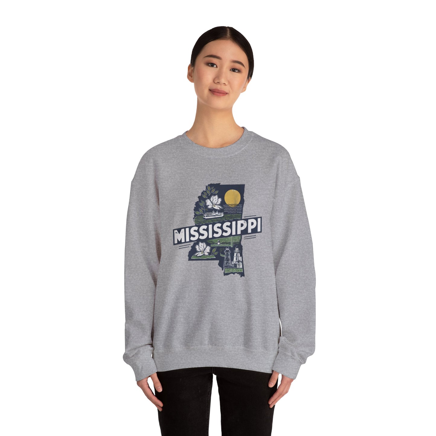 Mississippi State Map with Magnolia and Lighthouse Sweatshirt