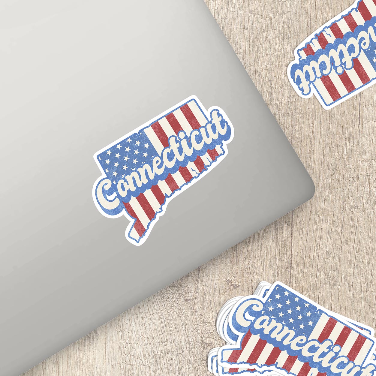 Connecticut State Sticker with American Flag Background | Weatherproof Vinyl Decal