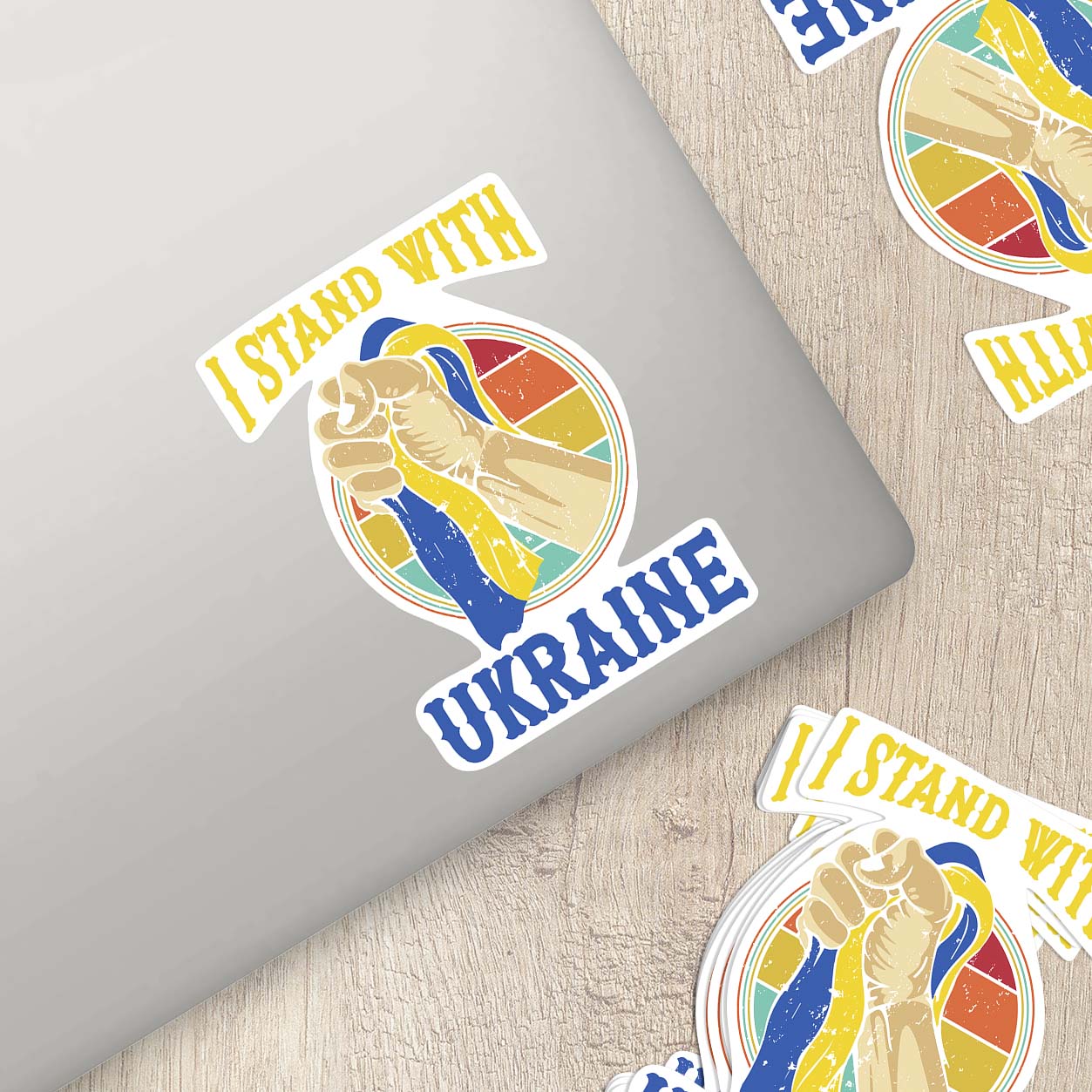 I Stand with Ukraine – Raised Fist Holding Ukrainian Flag Sticker