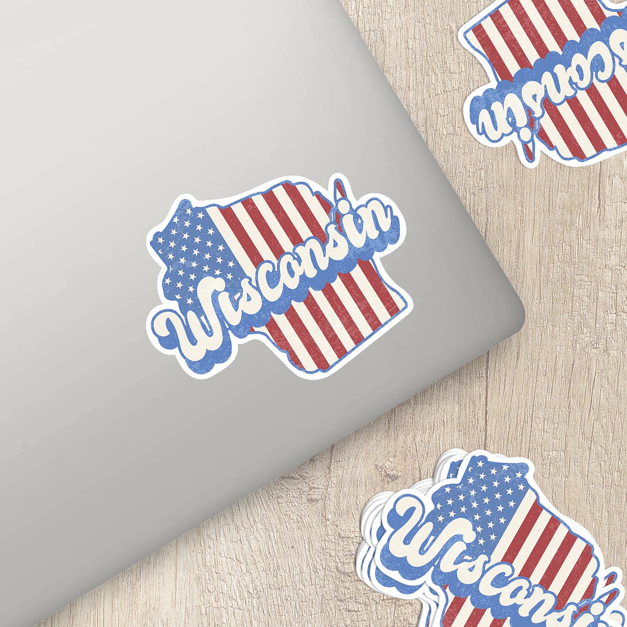 Wisconsin State Sticker with American Flag Background | Weatherproof Vinyl Decal