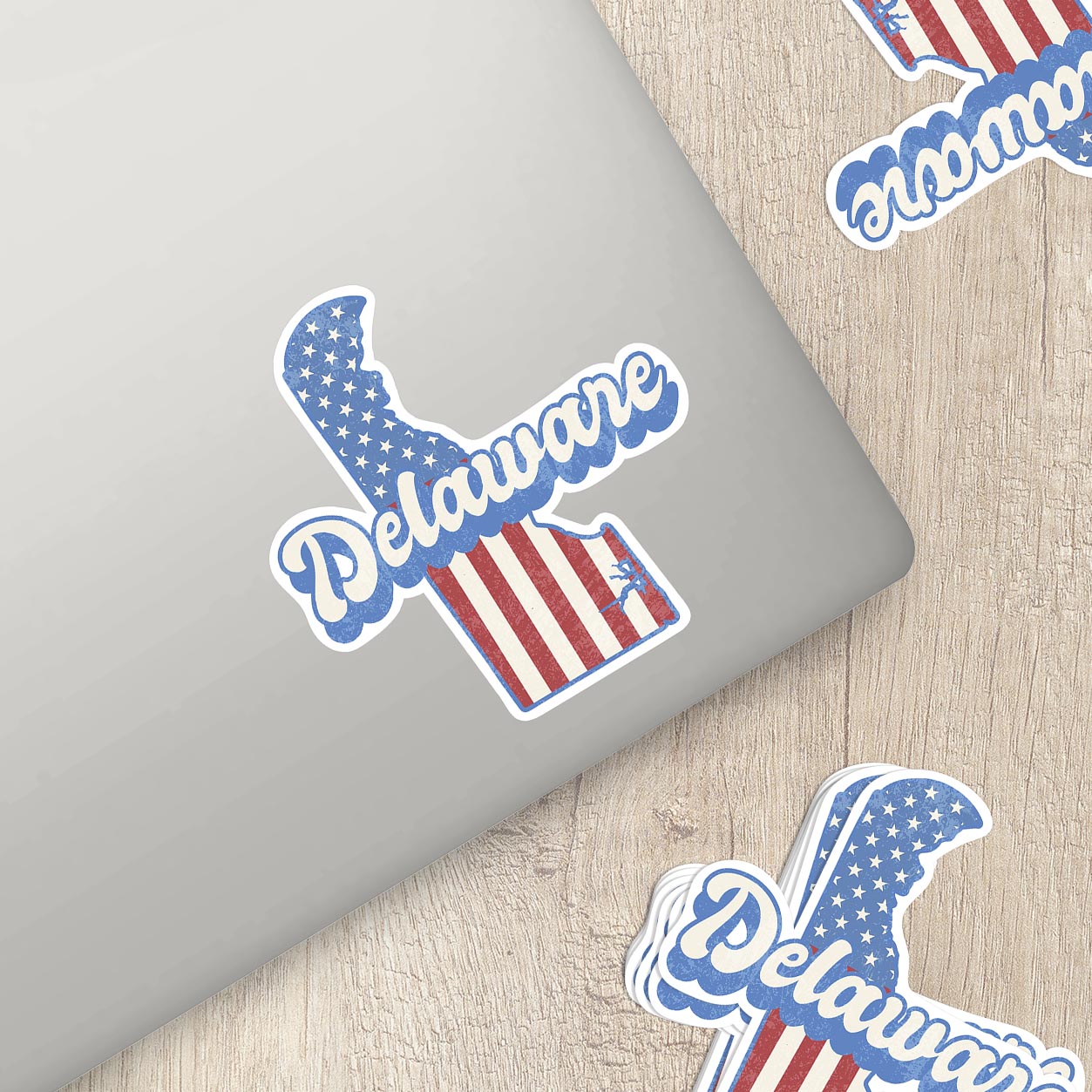 Delaware State Sticker with American Flag Background | Weatherproof Vinyl Decal