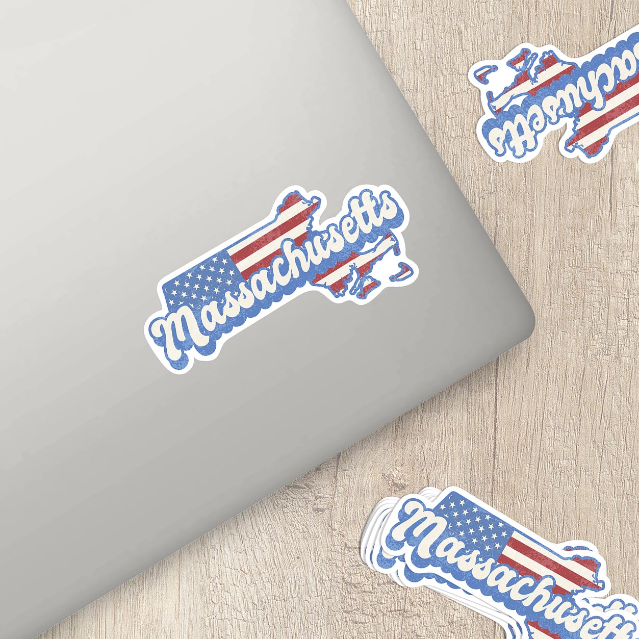 Massachusetts State Sticker with American Flag Background | Weatherproof Vinyl Decal