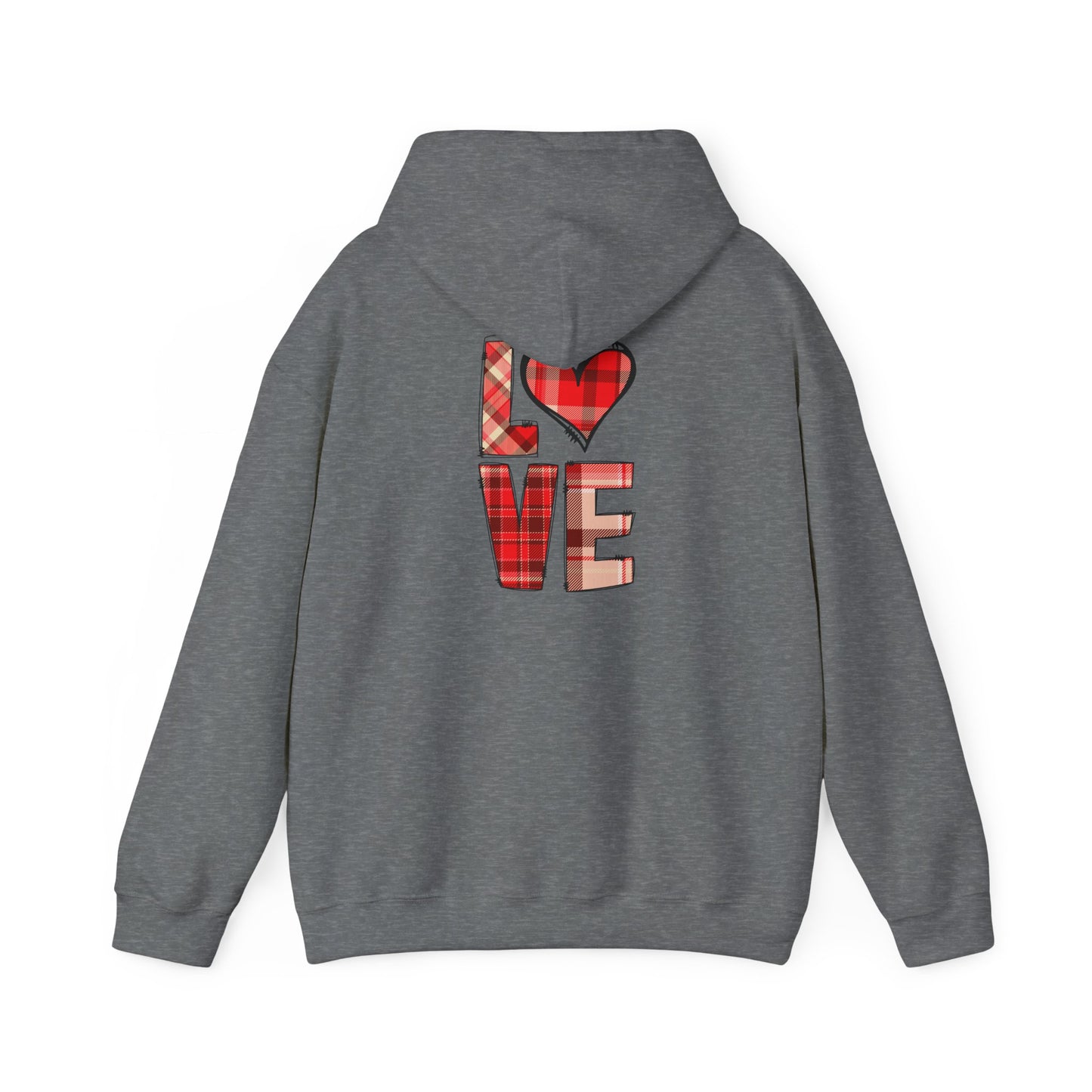 Love Hoodie with Plaid Heart on Front and Bold Love Design on Back