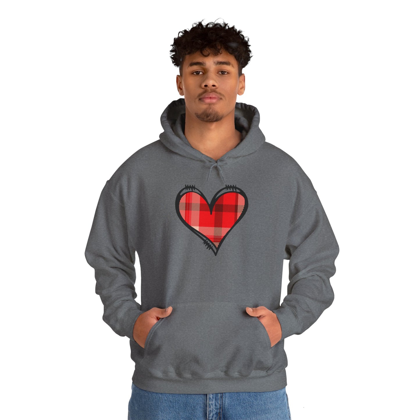 Love Hoodie with Plaid Heart on Front and Bold Love Design on Back