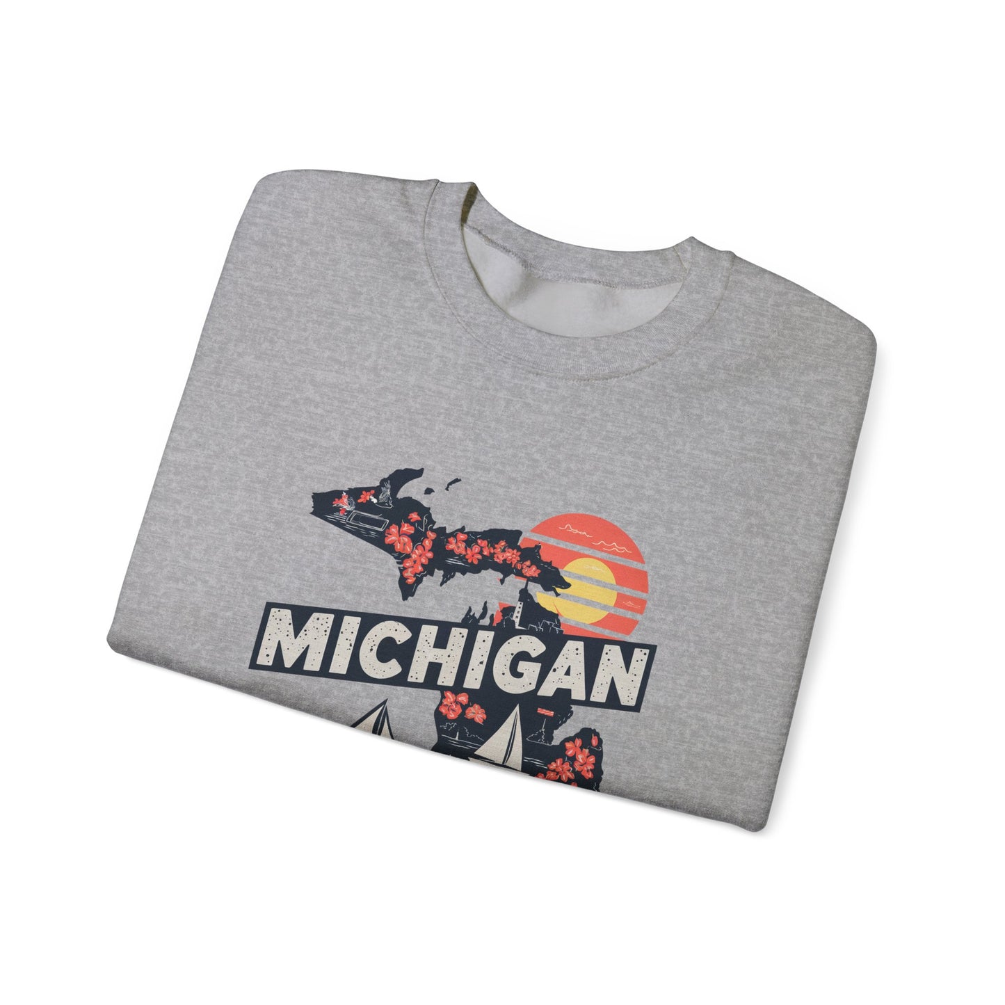 Michigan State Silhouette Sweatshirt | Retro Sunset Sailboat Lakeside