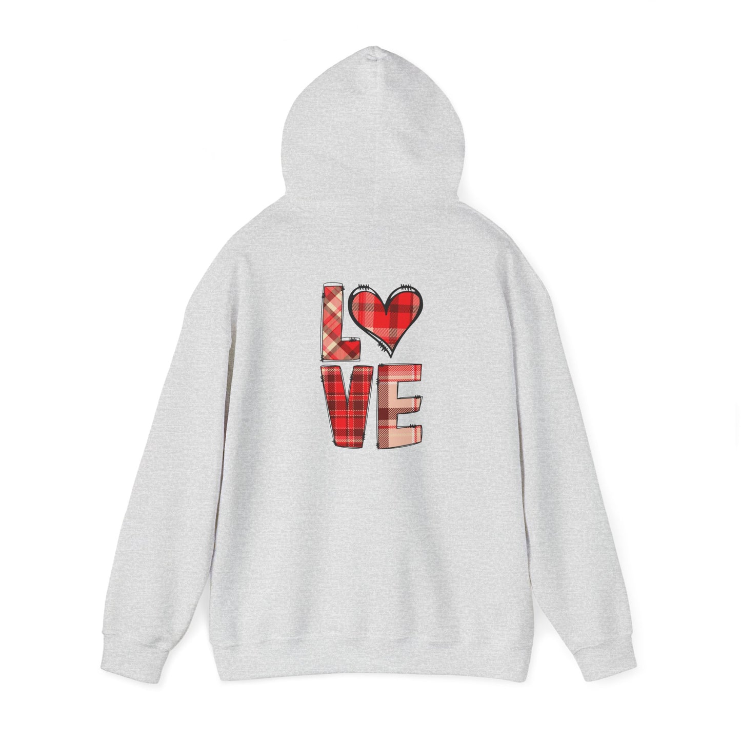 Love Hoodie with Plaid Heart on Front and Bold Love Design on Back