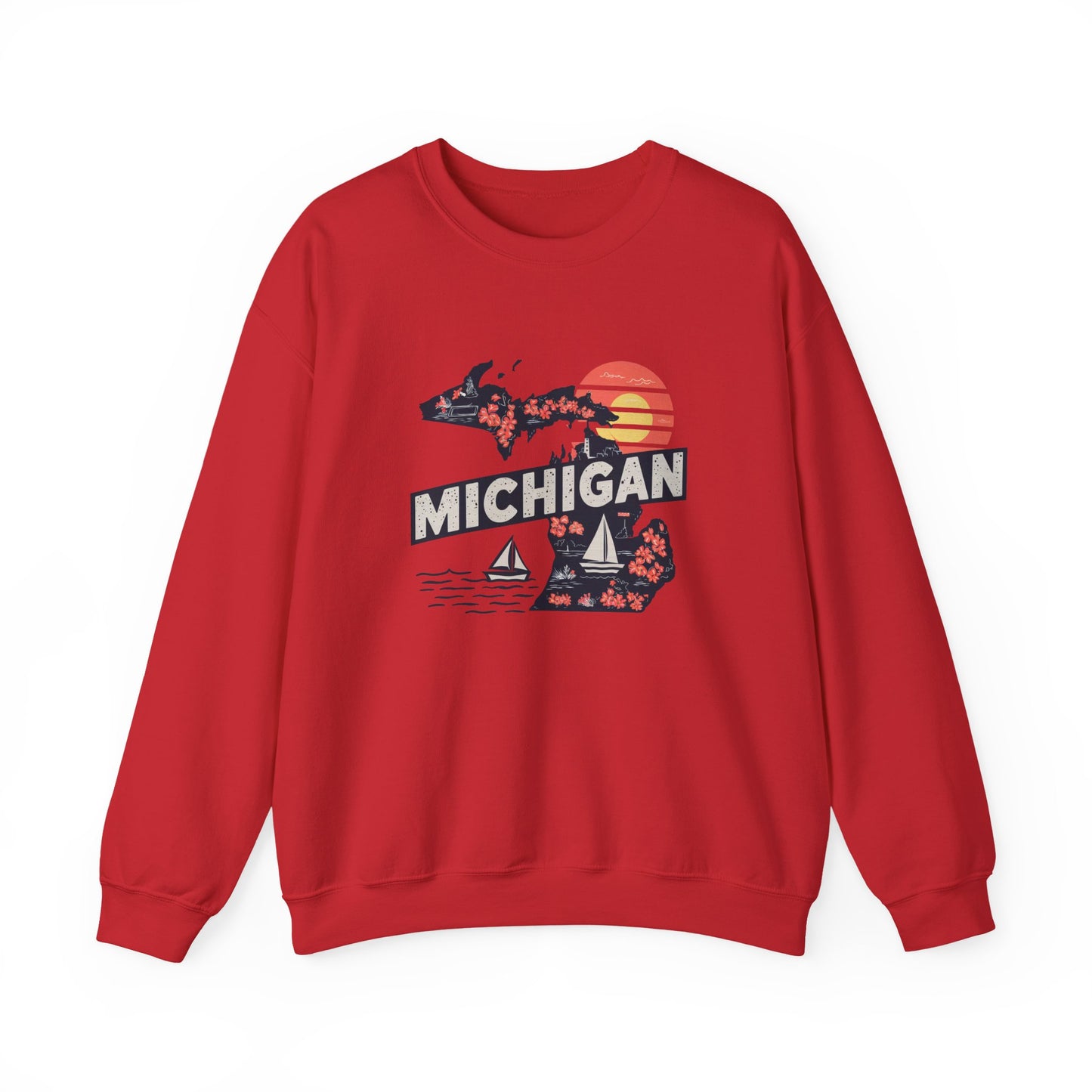 Michigan State Silhouette Sweatshirt | Retro Sunset Sailboat Lakeside
