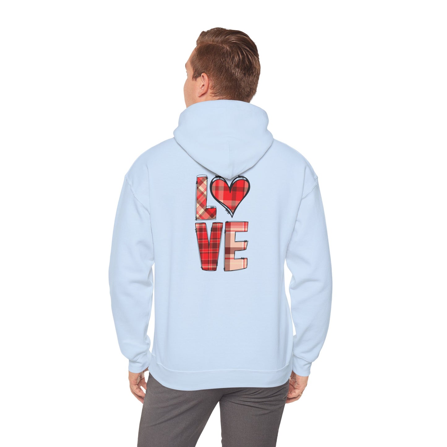 Love Hoodie with Plaid Heart on Front and Bold Love Design on Back