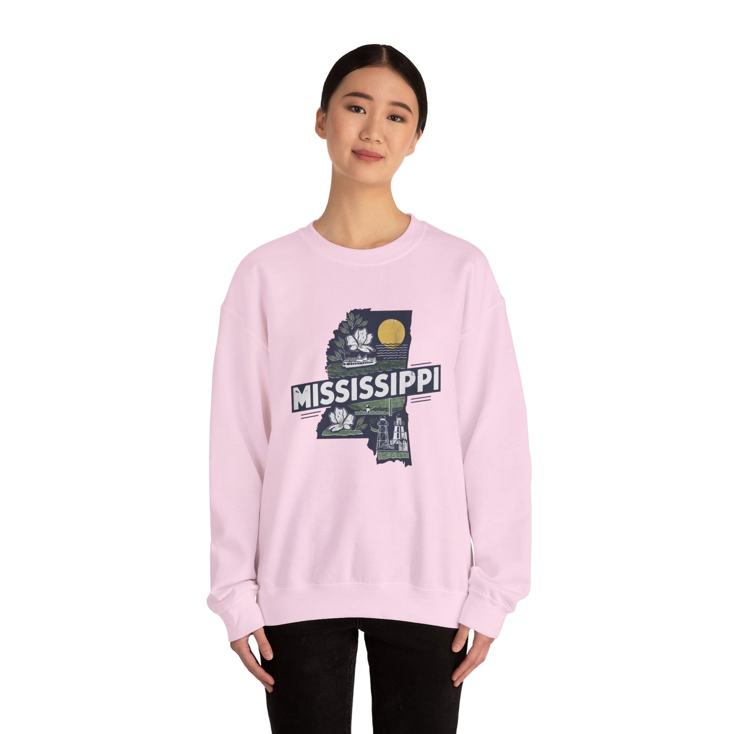 Mississippi State Map with Magnolia and Lighthouse Sweatshirt