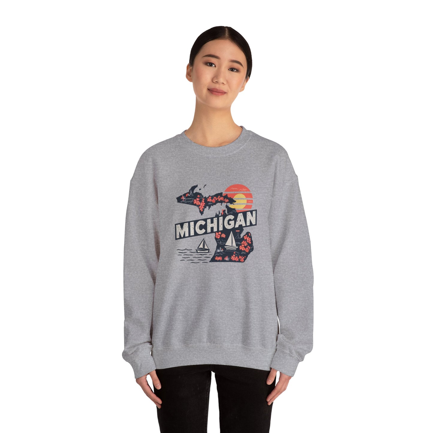 Michigan State Silhouette Sweatshirt | Retro Sunset Sailboat Lakeside