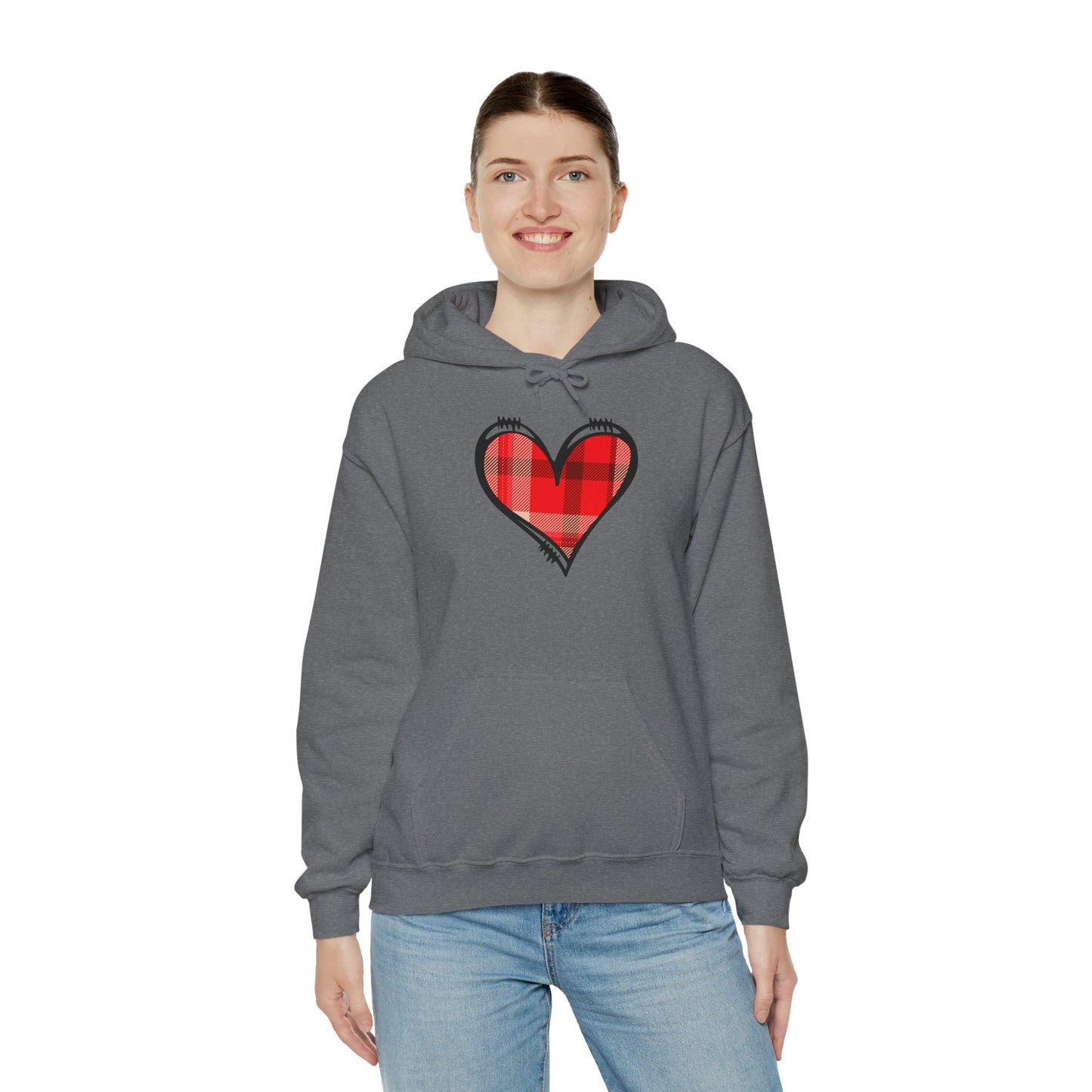 Love Hoodie with Plaid Heart on Front and Bold Love Design on Back