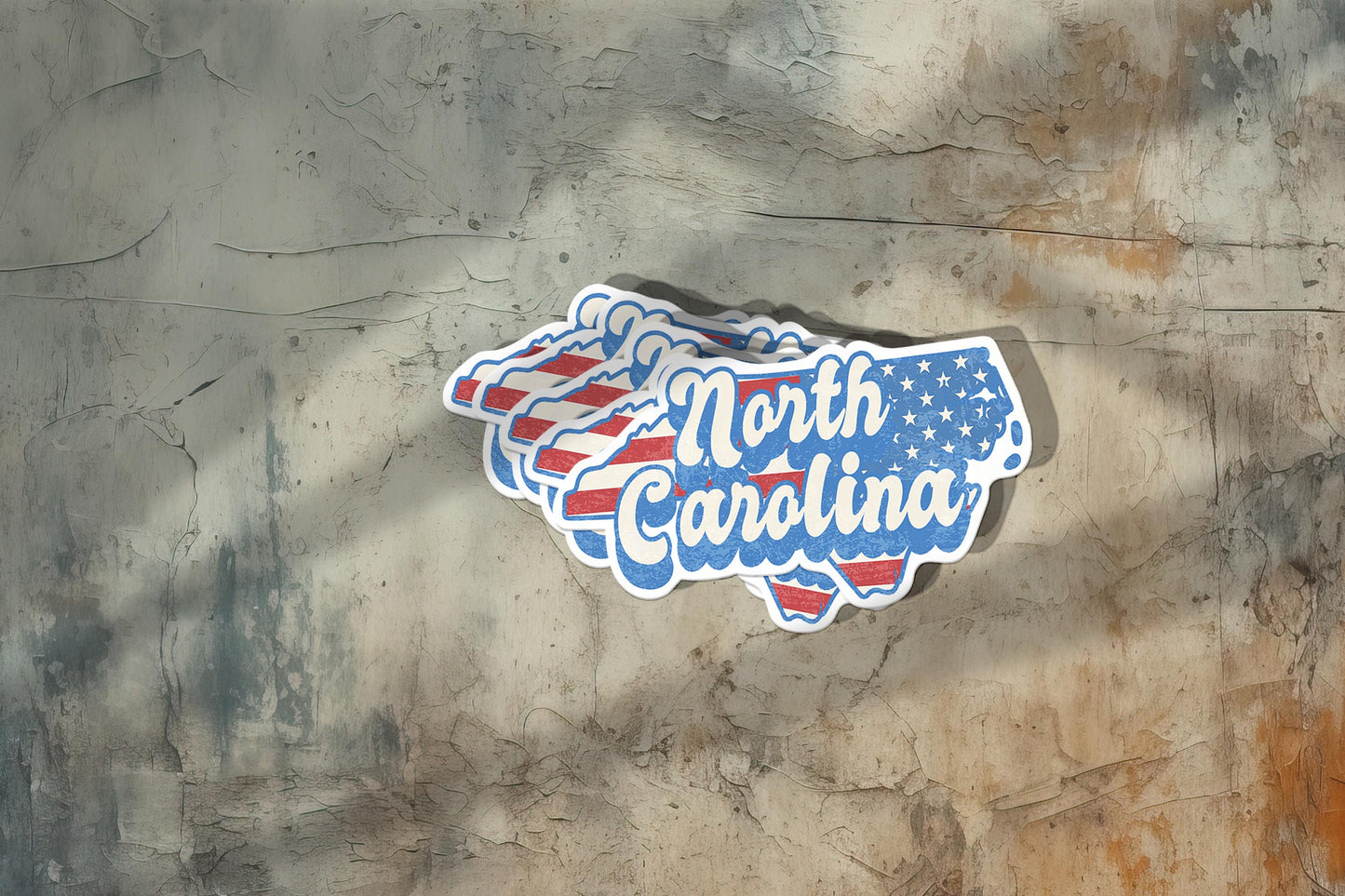North Carolina State Sticker with American Flag Background | Weatherproof Vinyl Decal