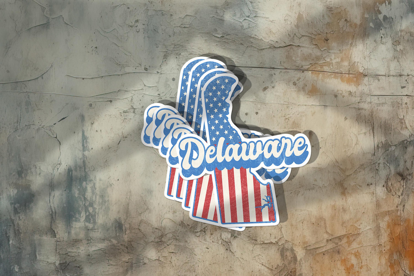 Delaware State Sticker with American Flag Background | Weatherproof Vinyl Decal