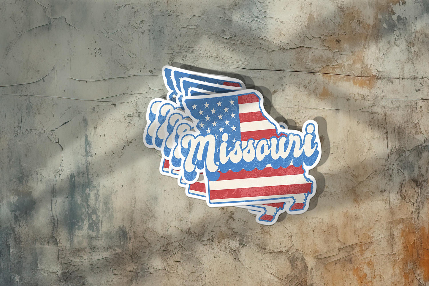 Missouri State Sticker with American Flag Background | Weatherproof Vinyl Decal