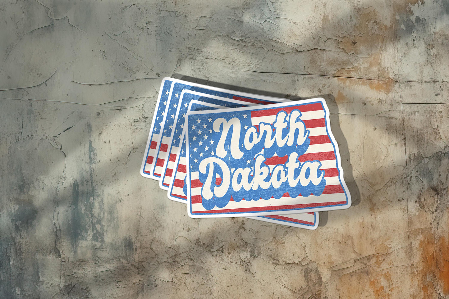 North Dakota State Sticker with American Flag Background | Weatherproof Vinyl Decal